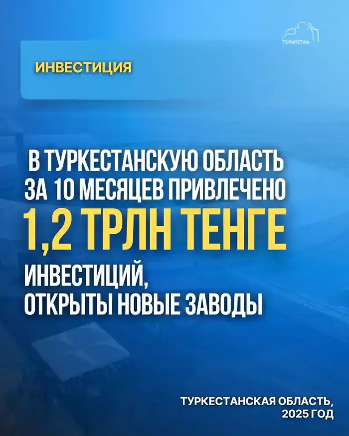 Инвестиции в Туркестанскую область 1 2 трлн тенге новые заводы и рабочие места