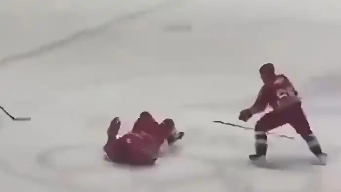 Президент Беларуси Александр Лукашенко упал во время хоккейного матча после столкновения с партнёром по команде, трибуны замерли в ожидании.