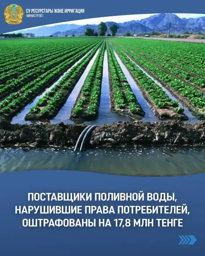 Министерство водных ресурсов наложило штрафы на поставщиков поливной воды на сумму 17,8 млн тенге за нарушение прав потребителей