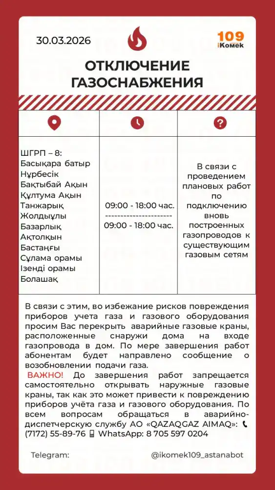 В Астане временно отключат газ в ряде жилых домов из-за плановых работ