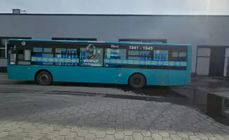 Празднично оформленные автобусы в Караганде к Дню Победы